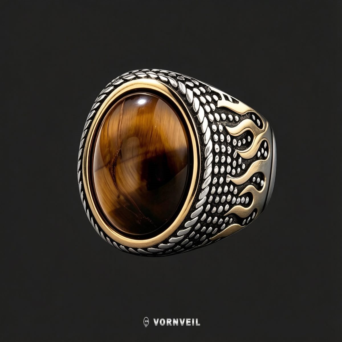 Vornveil tiger eye flame statement ring with two tone metal look and silver logo watermark