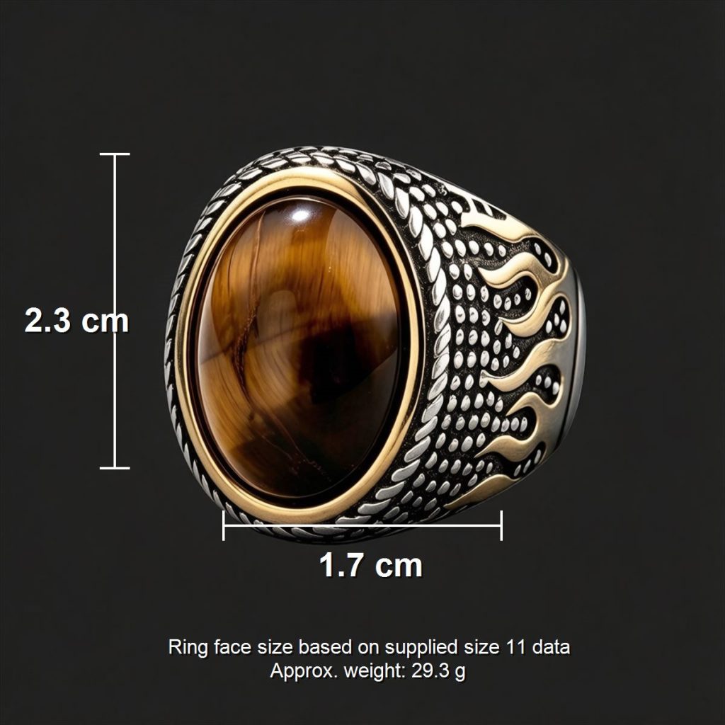 Size image showing approx 2.3 cm by 1.7 cm ring face and 29.3 g source weight