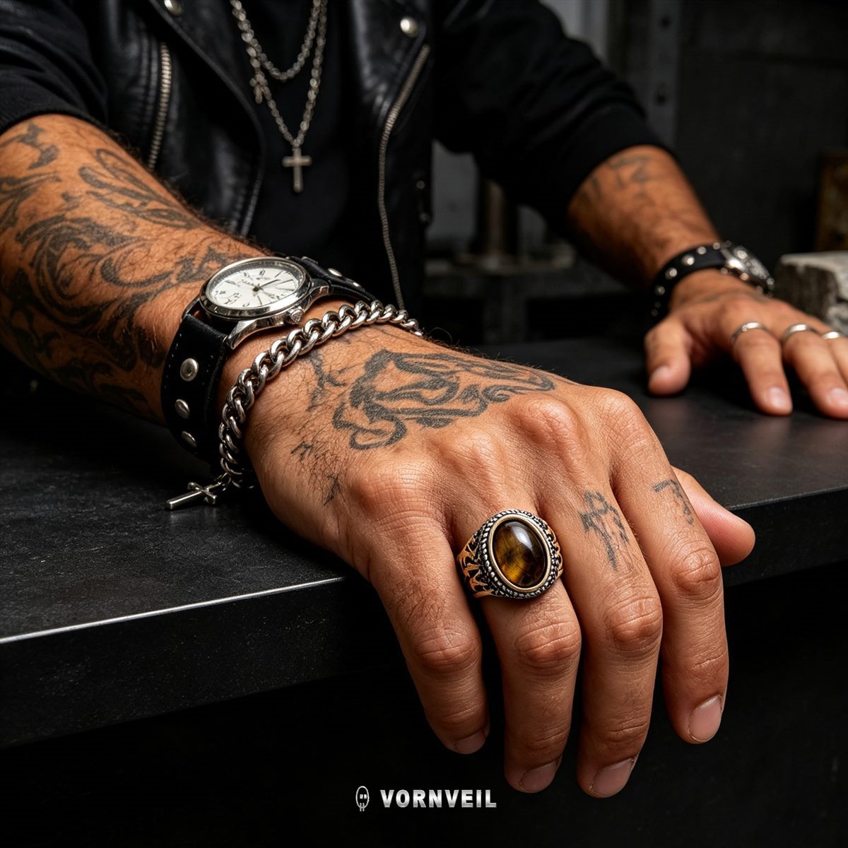 AI-assisted worn image showing tiger eye flame statement ring scale on hand with silver logo watermark