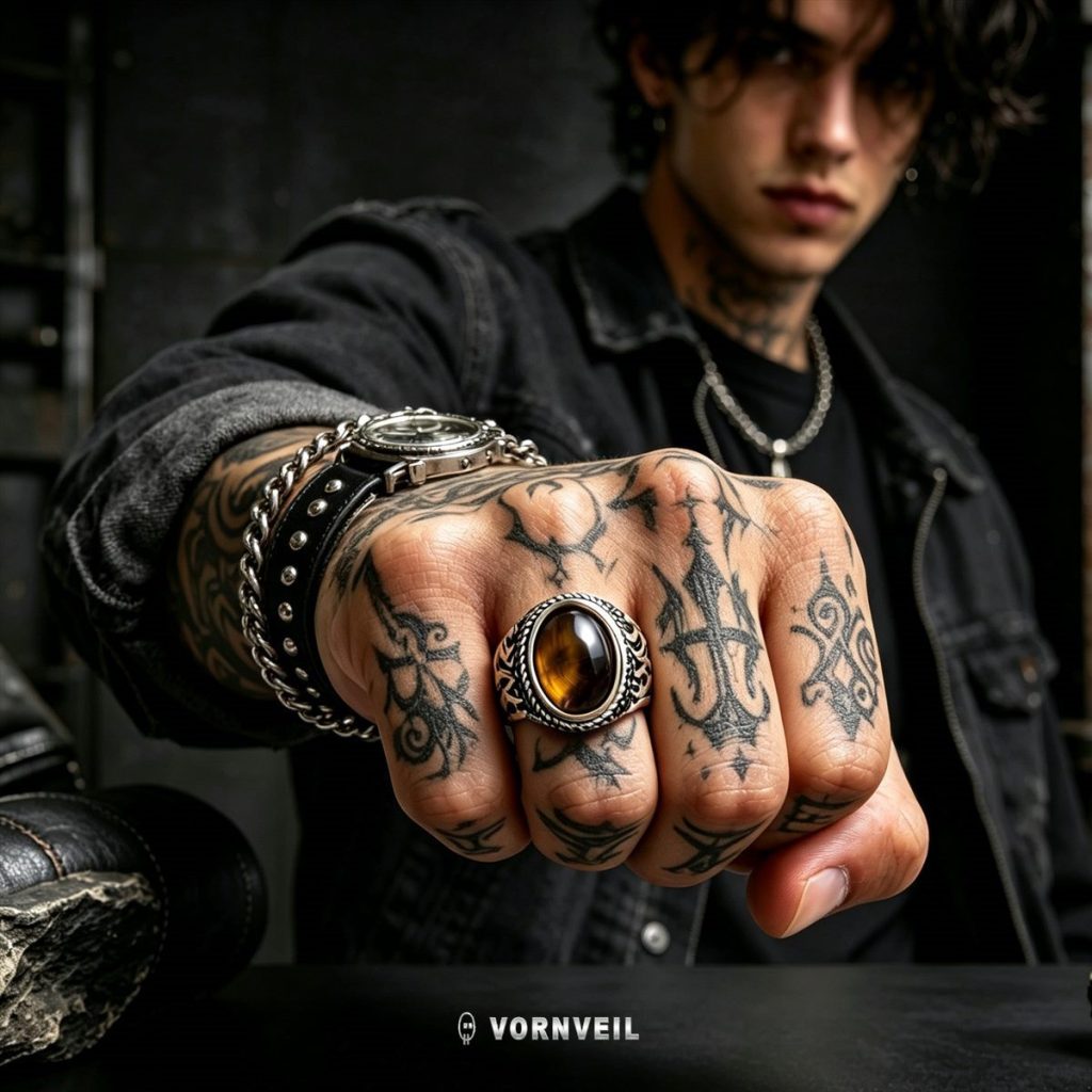 AI-assisted worn image showing tiger eye ring with dark streetwear styling and silver logo watermark