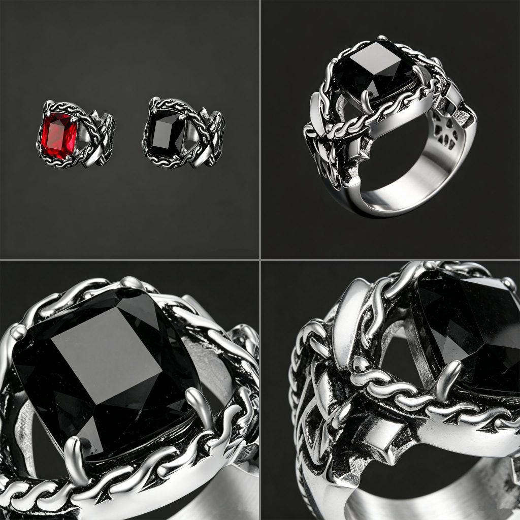 Black and red Flameframe ring detail views showing faceted stone and sculpted metal setting