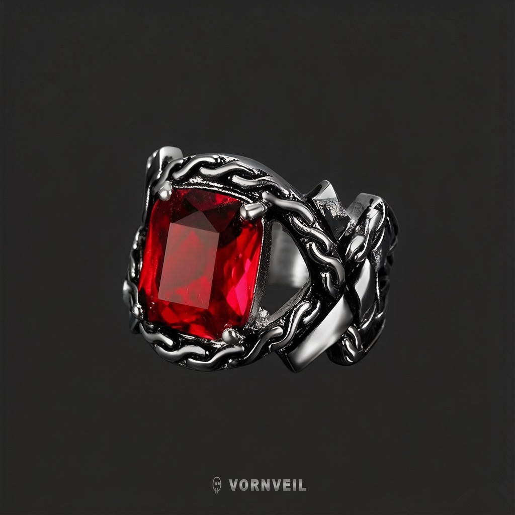 Red Flameframe gemstone stainless steel statement ring on dark background