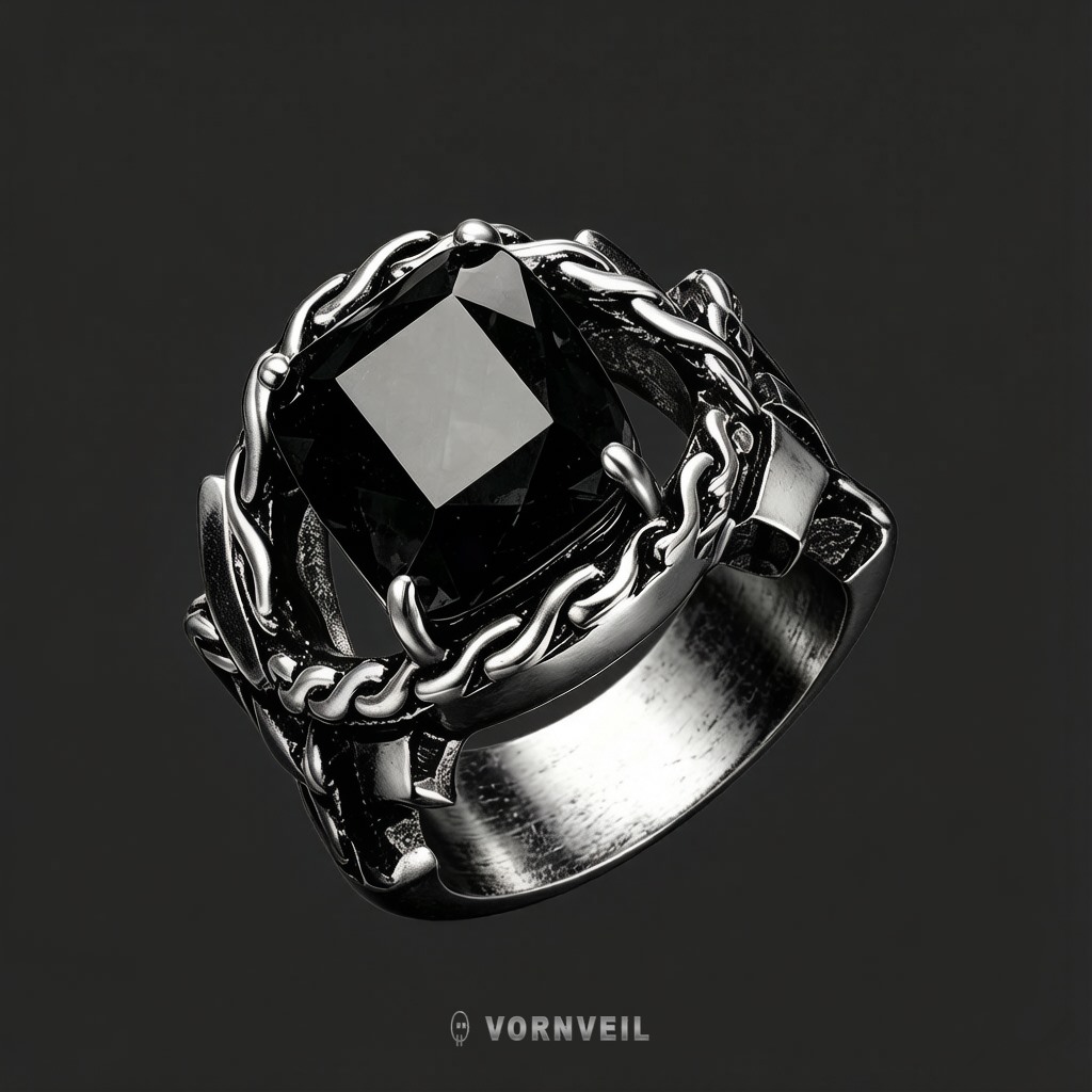 Flameframe black gemstone stainless steel statement ring on dark background