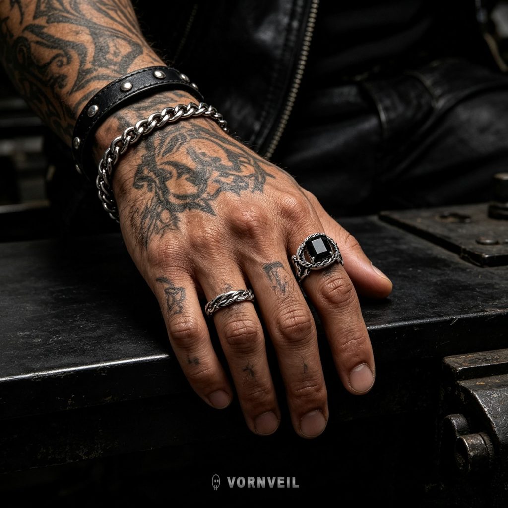 Black Flameframe gemstone ring styled with dark streetwear accessories; AI-assisted model styling