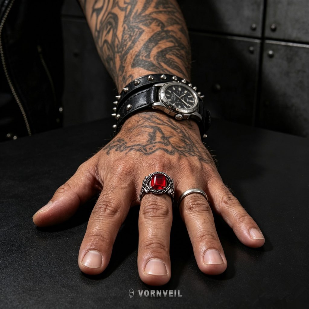 Red Flameframe gemstone ring worn with punk-inspired styling; AI-assisted model styling