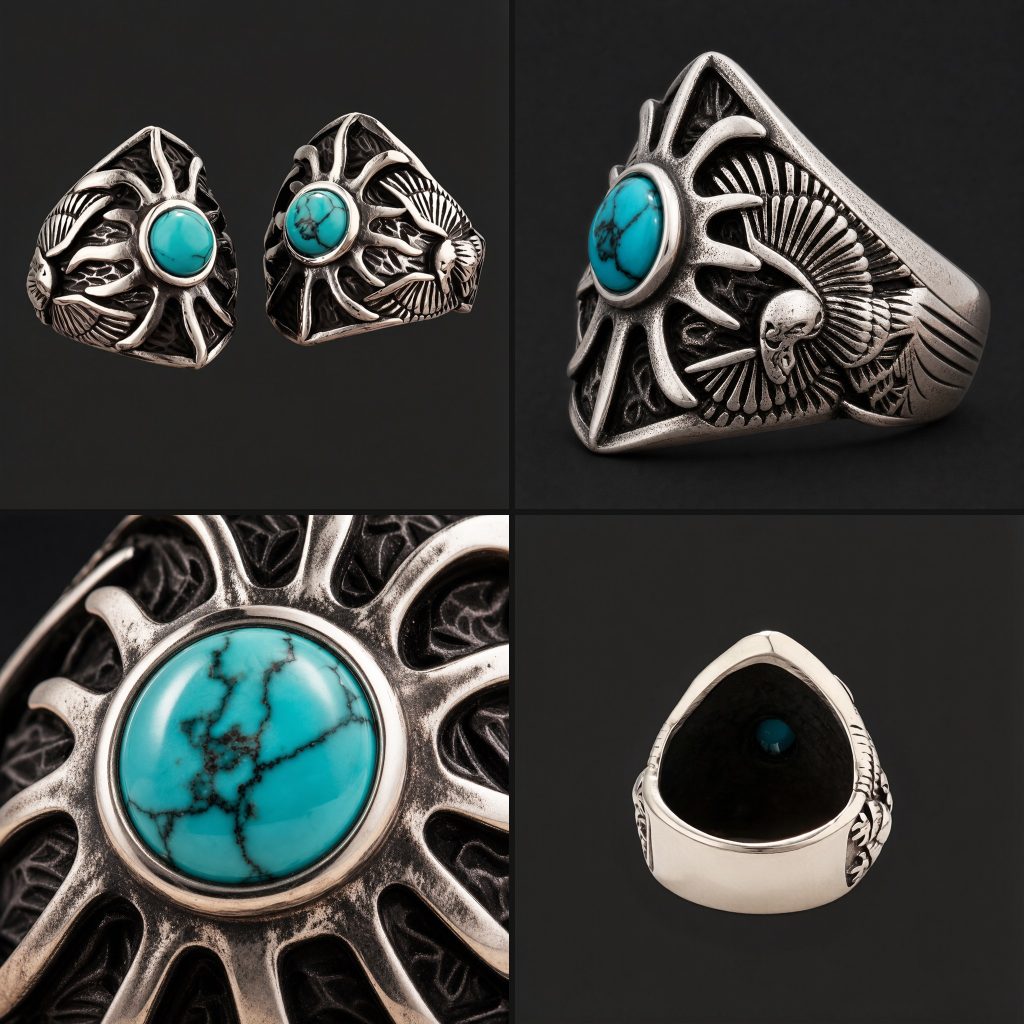 Turquoise sunburst eagle ring detail views including side and inner band