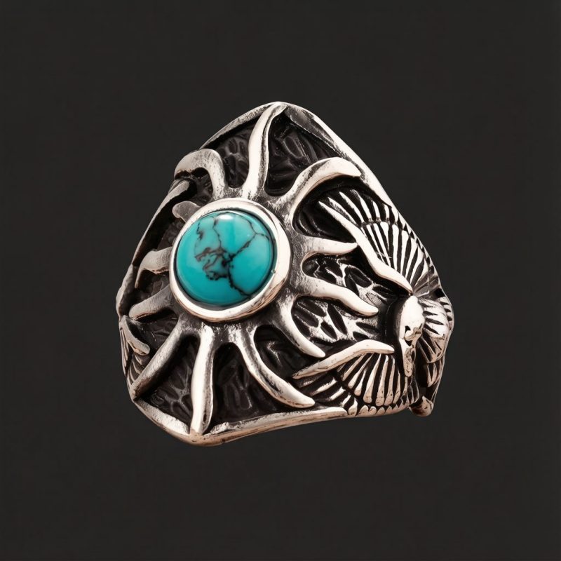 Turquoise sunburst eagle stainless steel ring on black background