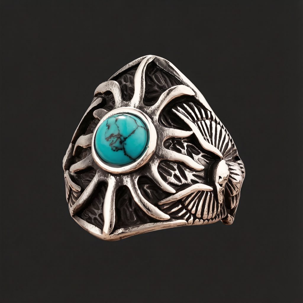 Turquoise sunburst eagle stainless steel ring on black background