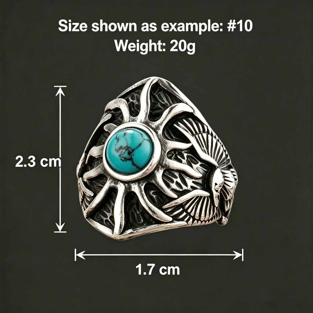Ring size guide: US size 10, 23 mm by 17 mm face, approx. 20 g