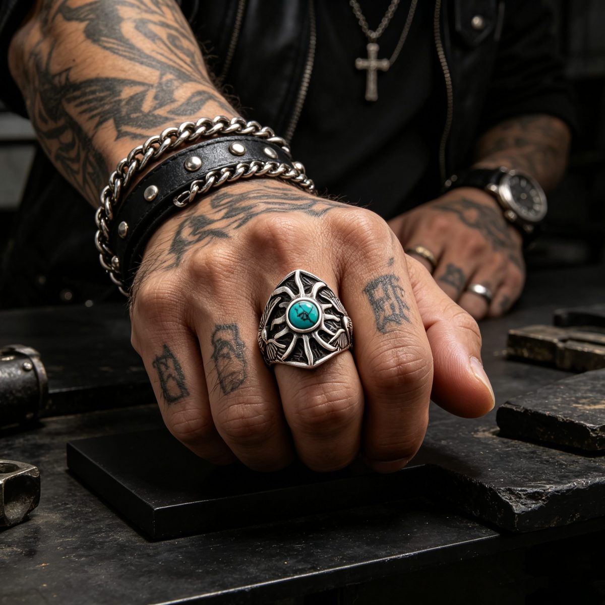 Turquoise sunburst eagle ring styled with dark streetwear look