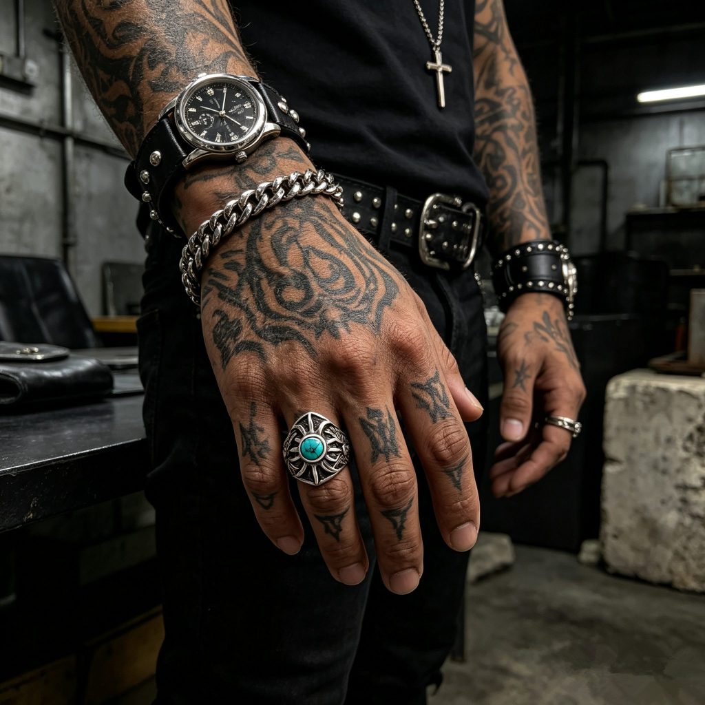 Turquoise sunburst eagle ring worn with punk accessories
