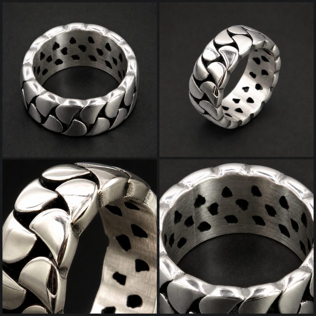 Detail collage of the Braidcut stainless steel ring and openwork band.