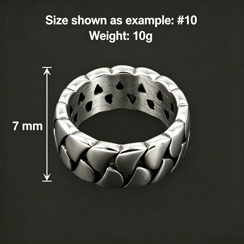 Size image showing Braidcut stainless steel ring in US size 10 sample with 7 mm band face and 10 g weight.