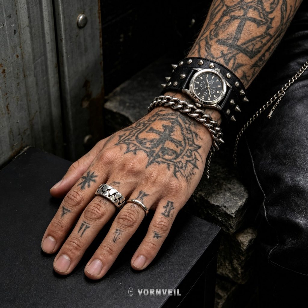 AI-assisted worn image showing the Braidcut stainless steel ring in dark streetwear styling with silver logo watermark.