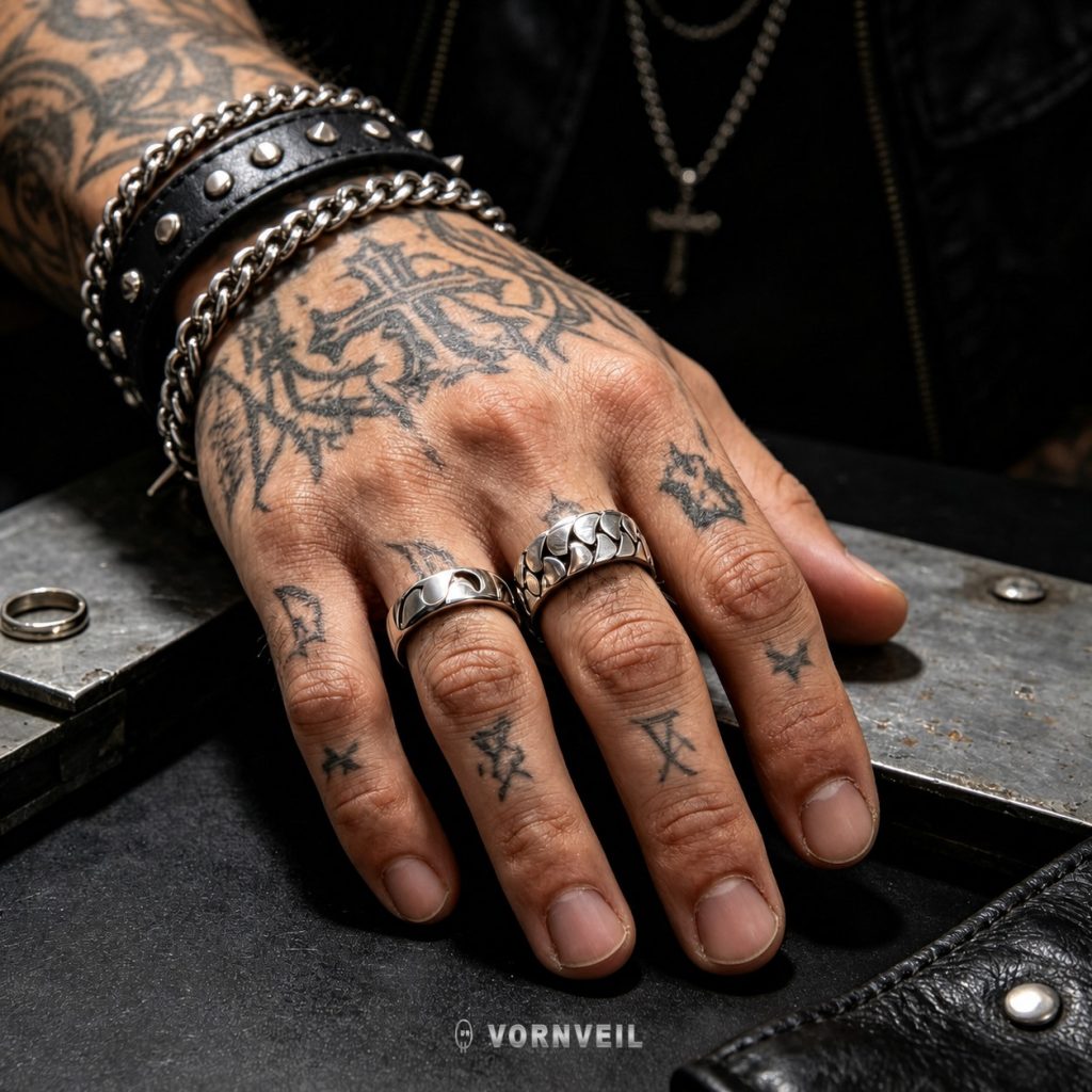 AI-assisted close-up worn image of the Braidcut stainless steel ring with punk streetwear styling and silver logo watermark.